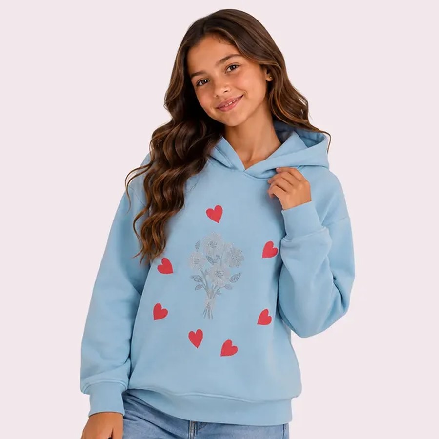 Çiçek & Kalp Baskılı Kapşonlu 3 İp Şardonlu Kız Sweat