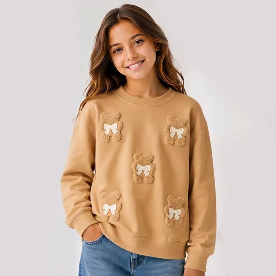 Ayıcık Nakışlı Fiyonk Detaylı Kız Sweat