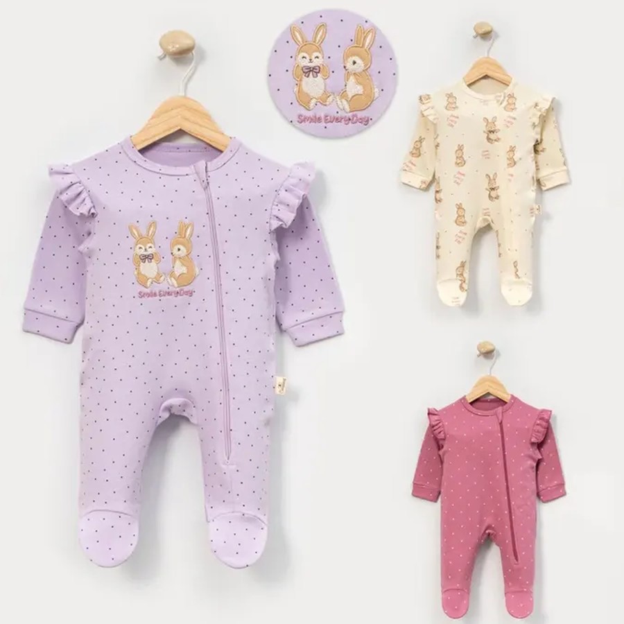 Tavşan Desenli Fırfırlı Fermuarlı Kız Bebe Tulum